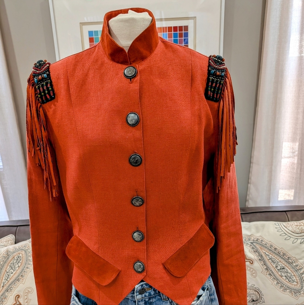 Double D Ranch Red Blazer with Tailored Waist and Notched Lapel